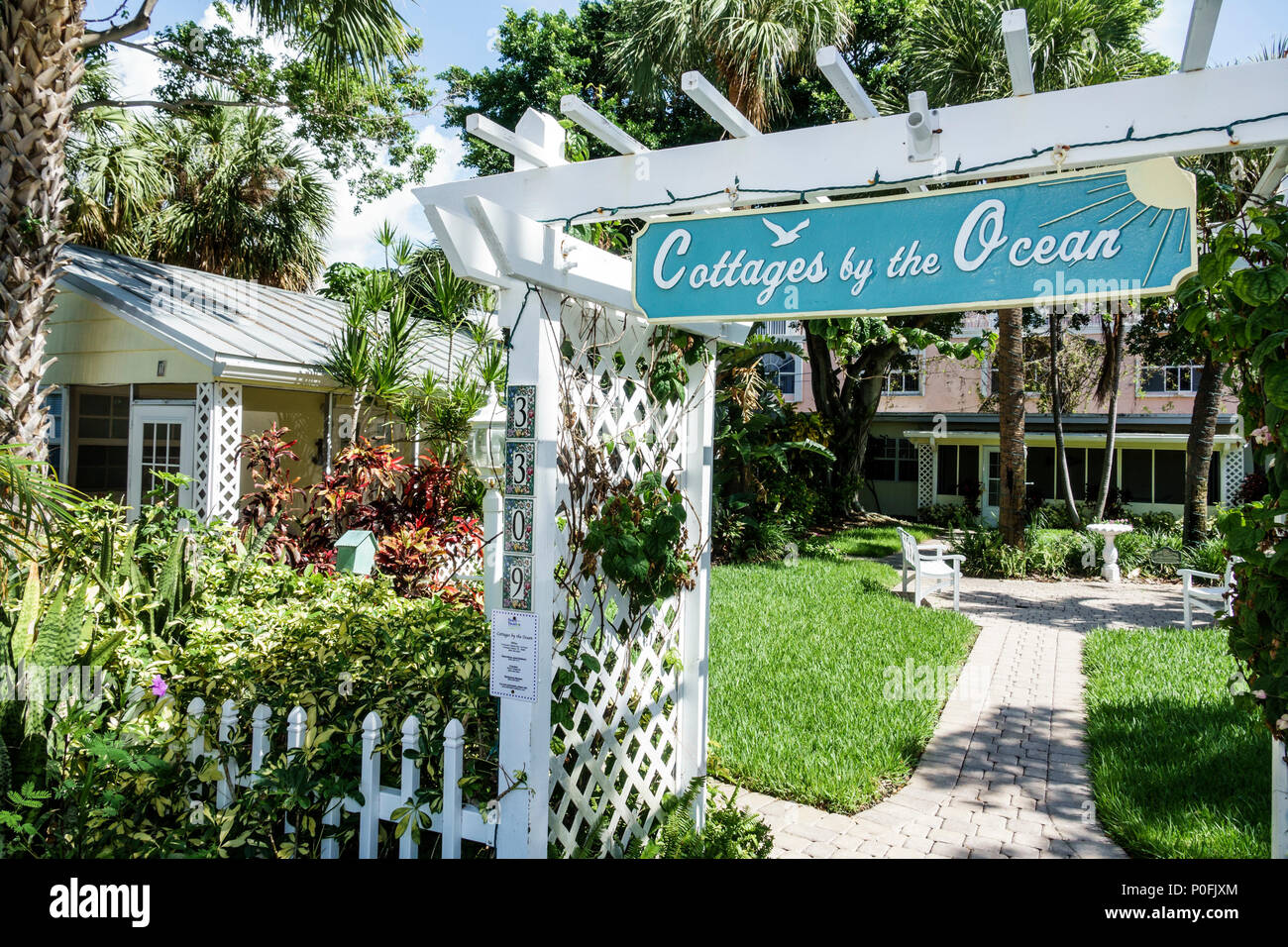Florida Pompano Beach,Cottages by the Beach,motel,bungalow,exterior outside,garden,quaint,FL170725038 Stock Photo