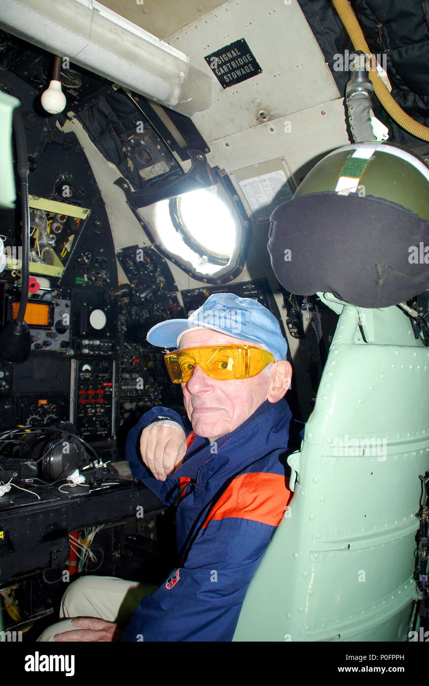 Bill Stableford in the cockpit of an Avro Vulcan jet bomber, an aircraft for which he designed some of the systems when working for Avro Stock Photo