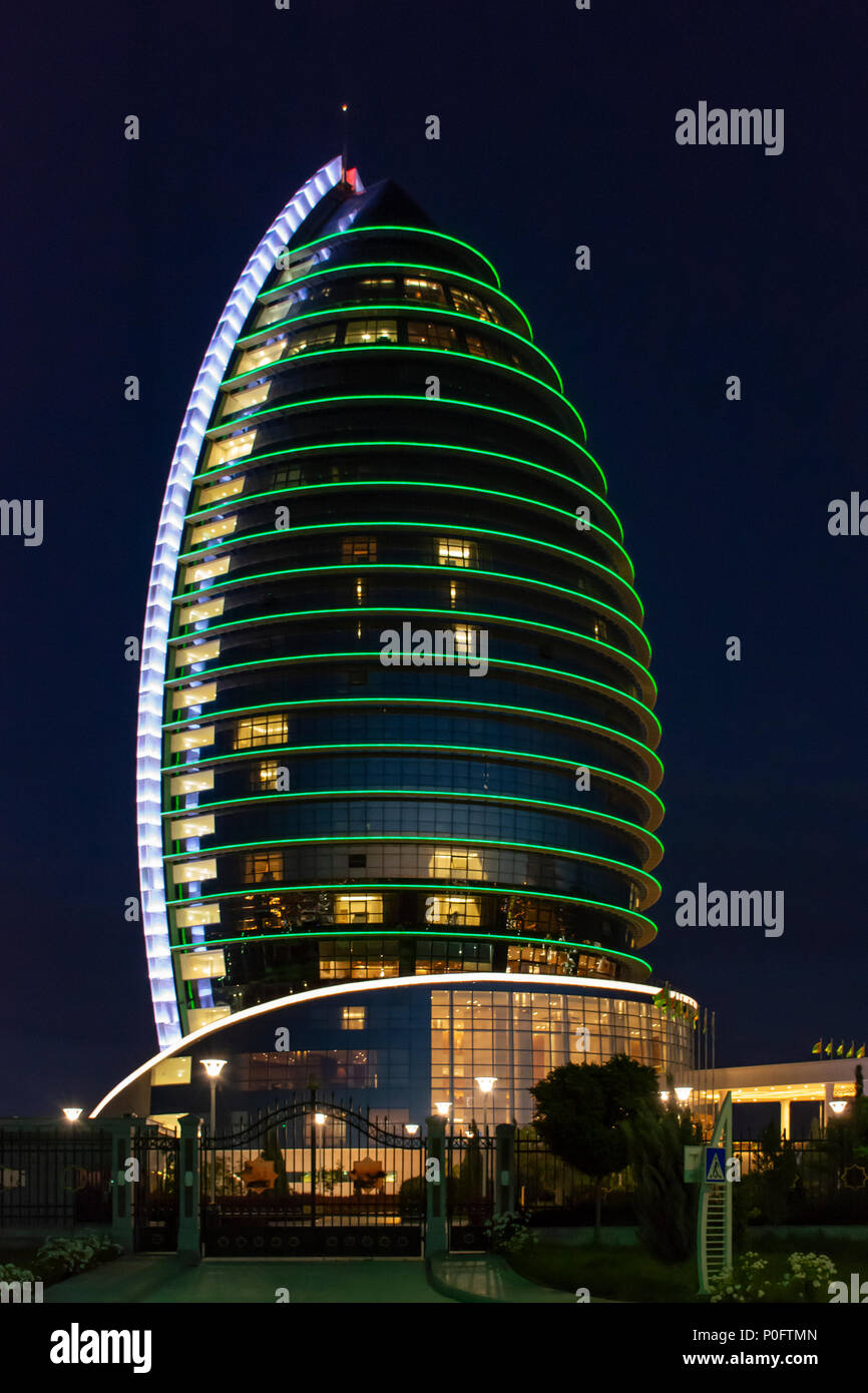 Yyldyz Hotel at Night, Ashgabat, Turkmenistan Stock Photo