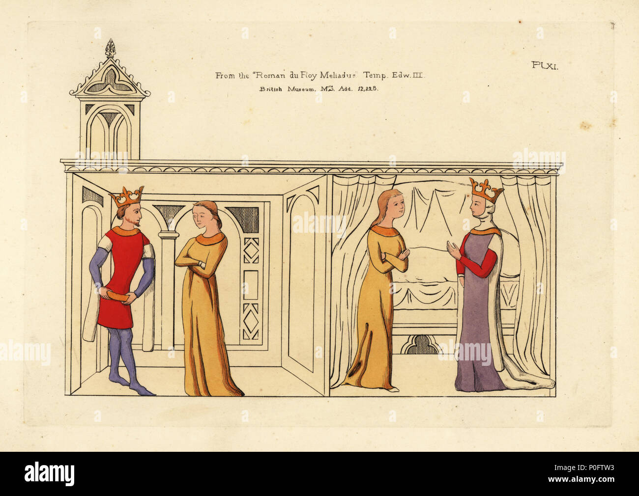 Costume of a king and queen, 14th century. King in crown and short tunic with long slashed sleeves, queen in crown over wimple, long robe with long slashed sleeves. From the Roman du Roy Meliadus, British Museum manuscript Add. 12228. Handcoloured copperplate engraving from Thomas Anthony Day and J.H. Dines' Illustrations of Mediaeval Costume in England collected from manuscripts in the British Museum, Bibliotheque Nationale de Paris, Bosworth, London, 1853. Stock Photo