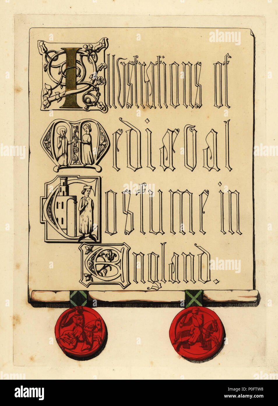 Title page with illuminated lettering and red wax seals. Handcoloured copperplate engraving from Thomas Anthony Day and J.H. Dines' Illustrations of Mediaeval Costume in England collected from manuscripts in the British Museum, Bibliotheque Nationale de Paris, Bosworth, London, 1853. Stock Photo