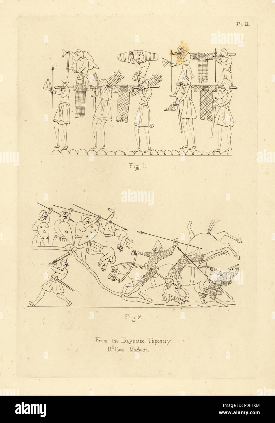 Saxon and Norman military costume from the Bayeux Tapestry, 11th century. Norman soldiers carrying chainmail hauberks or suits of armour 1, and Saxon infantry repulsing Norman cavalry with spears and axes 2. Copperplate engraving from Thomas Anthony Day and J.H. Dines' Illustrations of Mediaeval Costume in England collected from manuscripts in the British Museum, Bibliotheque Nationale de Paris, Bosworth, London, 1853. Stock Photo