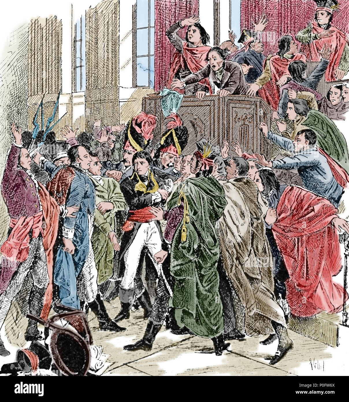 General Bonaparte Surrounded by members of the Council of Five Hundred, during the Coup of 18 Brumaire. Engraving, 19th cent. Stock Photo
