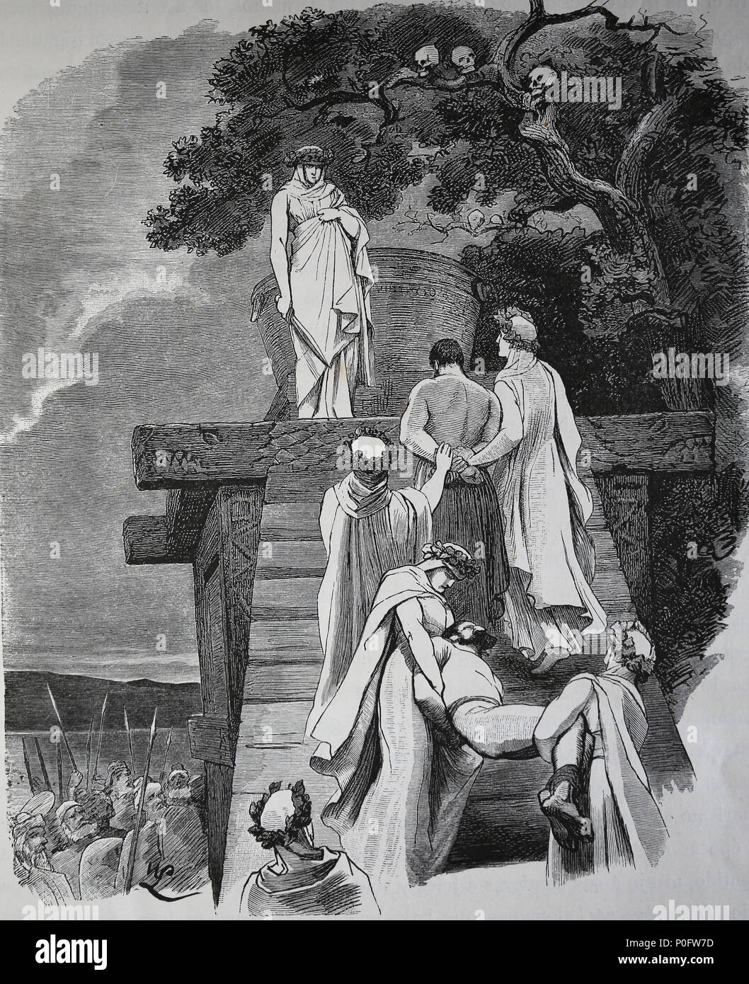 Human sacrifice in ancient Germany. Engraving, 1882 of 'Germania'. Stock Photo