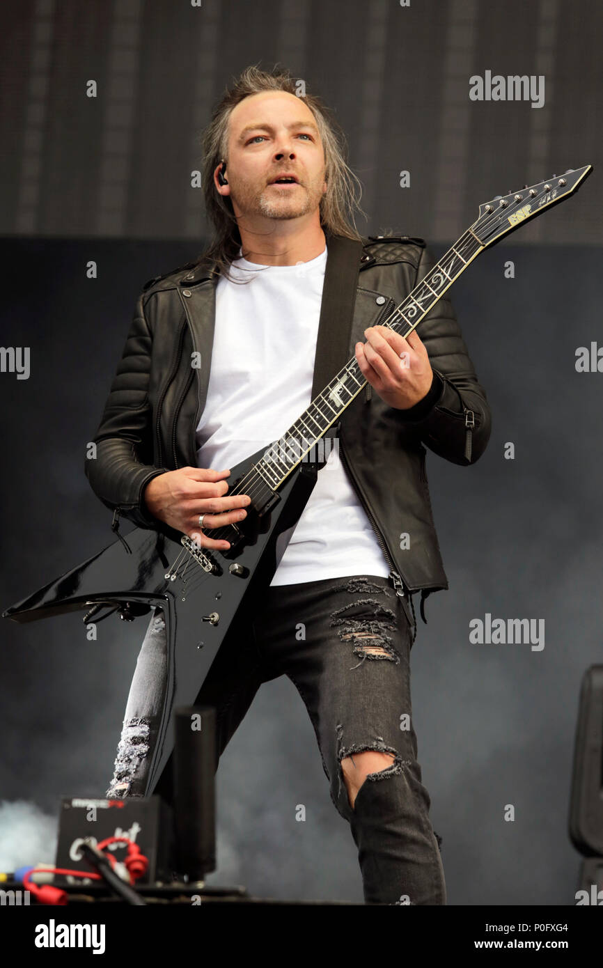Michael Paget of Bullet for My Valentine performs on stage during Download Festival 2018 at Donington Park, Derby on June 8th 2018. Stock Photo
