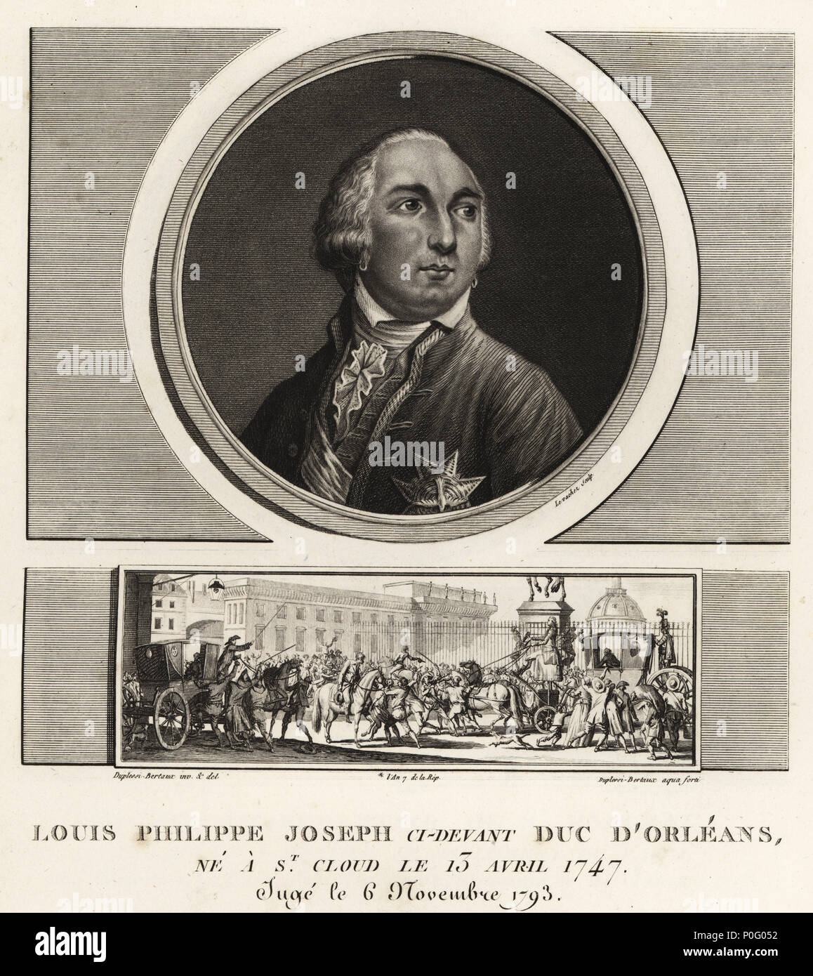 Louis Philippe II, Duke of Orleans (1747-1789), French duke guillotined during the Reign of Terror. Vignette shows the mob forcing him to descend from his coach to salute the statue of Henry IV. Mezzotint drawn and engraved by Jean Duplessis-Bertaux from his Collection Complete de 60 Portraits des Personnages qui ont le plus Figure dans la Revolution Francaise, Auber, Pairs, 1800. Portrait engraved by Charles Francois Gabriel Levachez. Stock Photo
