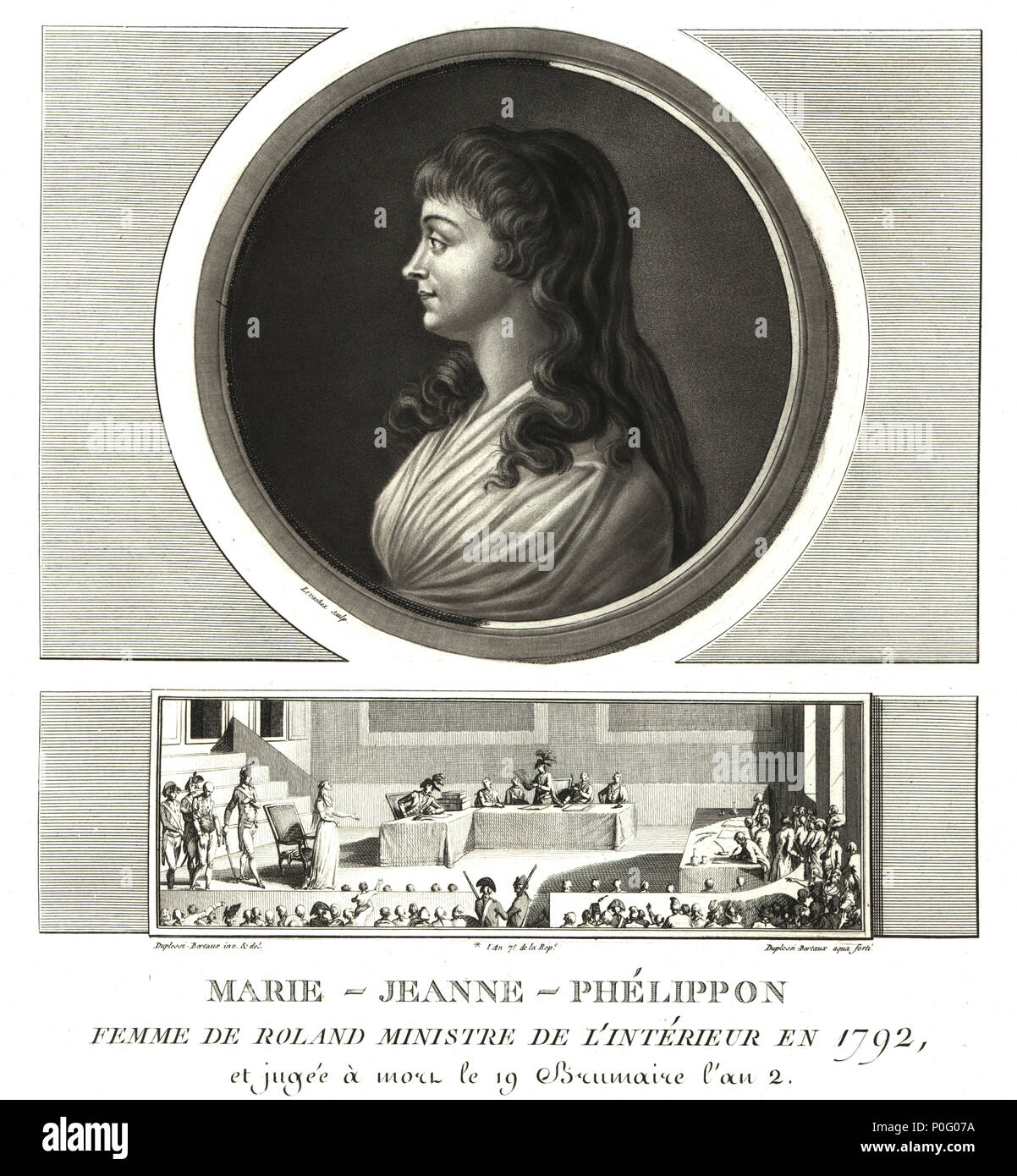 Madame Roland or Marie-Jeanne Phelippon (1754-1793), Girondist, together with her husband Jean-Marie Roland de la Platiere. Vignette shows her pleading her case before the Revolutionary Tribunal. Mezzotint drawn and engraved by Jean Duplessis-Bertaux from his Collection Complete de 60 Portraits des Personnages qui ont le plus Figure dans la Revolution Francaise, Auber, Pairs, 1800. Portrait engraved by Charles Francois Gabriel Levachez. Stock Photo