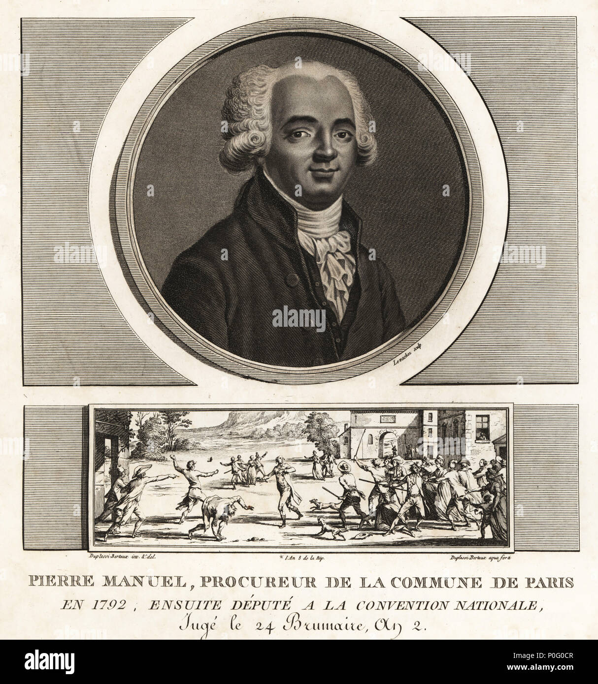 Louis Pierre Manuel, writer, Prucurer to the Commune of Paris, guillotined  1793. Vignette shows Manuel attacked by a group of Jacobins. Mezzotint  drawn and engraved by Jean Duplessis-Bertaux from his Collection Complete
