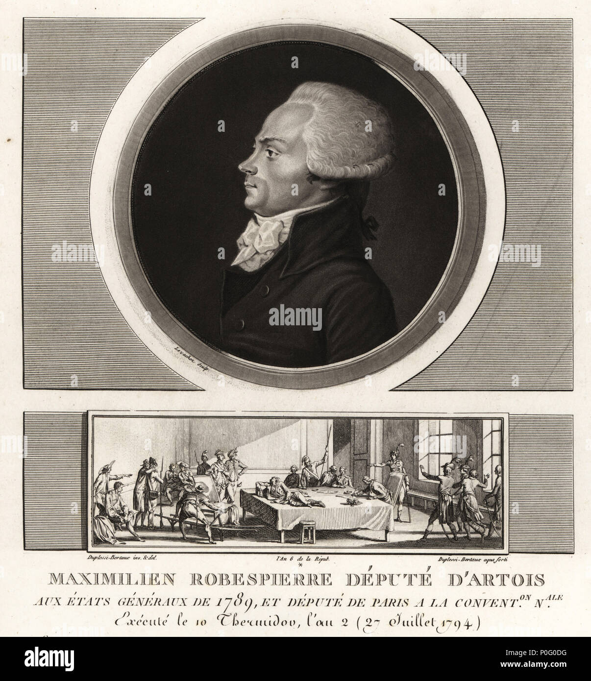 Maximilien Robespierre, Deputy of Artois, executed 1794. Vignette shows the wounded Robespierre lying on a table in a room of the Committee of Public Safety, 9th Thermidor 1794.  Mezzotint drawn and engraved by Jean Duplessis-Bertaux from his Collection Complete de 60 Portraits des Personnages qui ont le plus Figure dans la Revolution Francaise, Auber, Pairs, 1800. Portrait engraved by Charles Francois Gabriel Levachez. Stock Photo