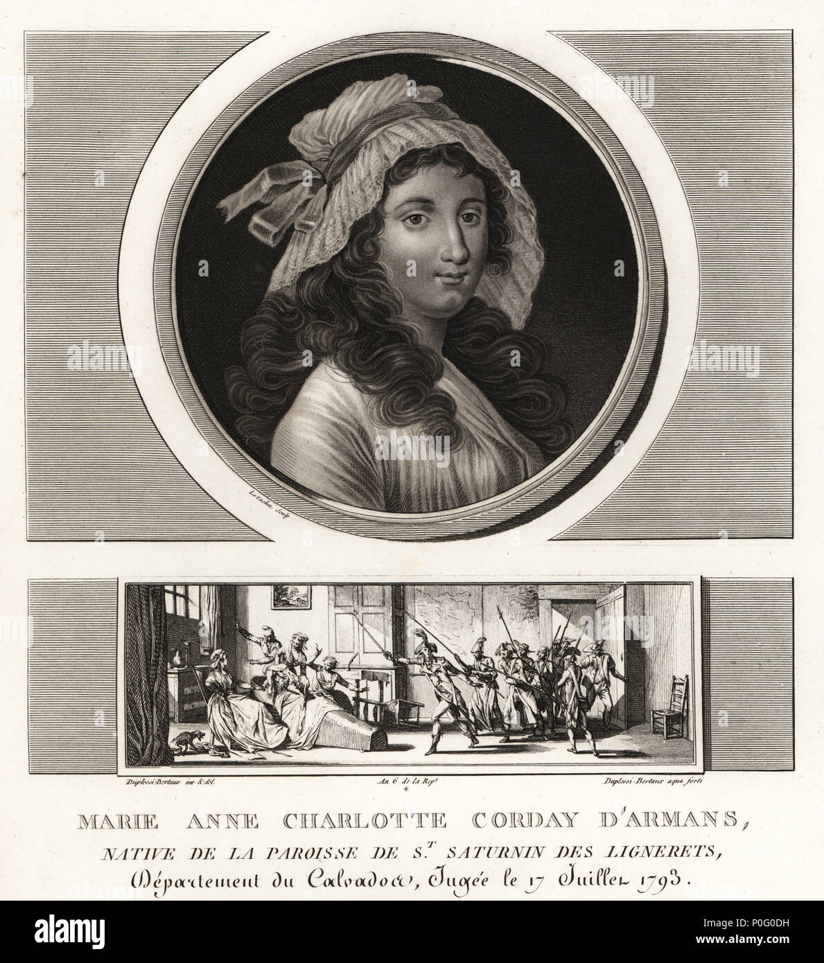 Marie-Anne Charlotte de Corday d'Armans, Jean-Paul Marat's assassin,  1768-1793. Vignette shows her arrest next to Marat's bath. Mezzotint drawn  and engraved by Jean Duplessis-Bertaux from his Collection Complete de 60  Portraits des