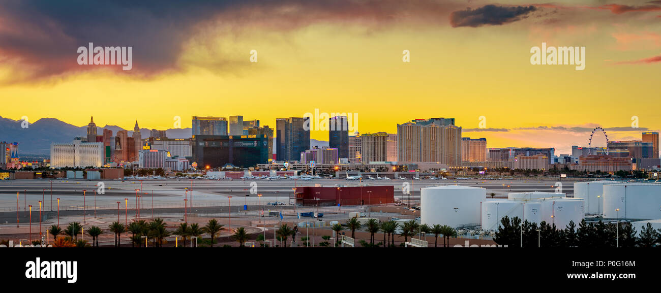 Las Vegas, Nevada - May 28, 2018 : Skyline view at sunset of the famous Las Vegas Strip located in world class hotels and casinos, NV Stock Photo