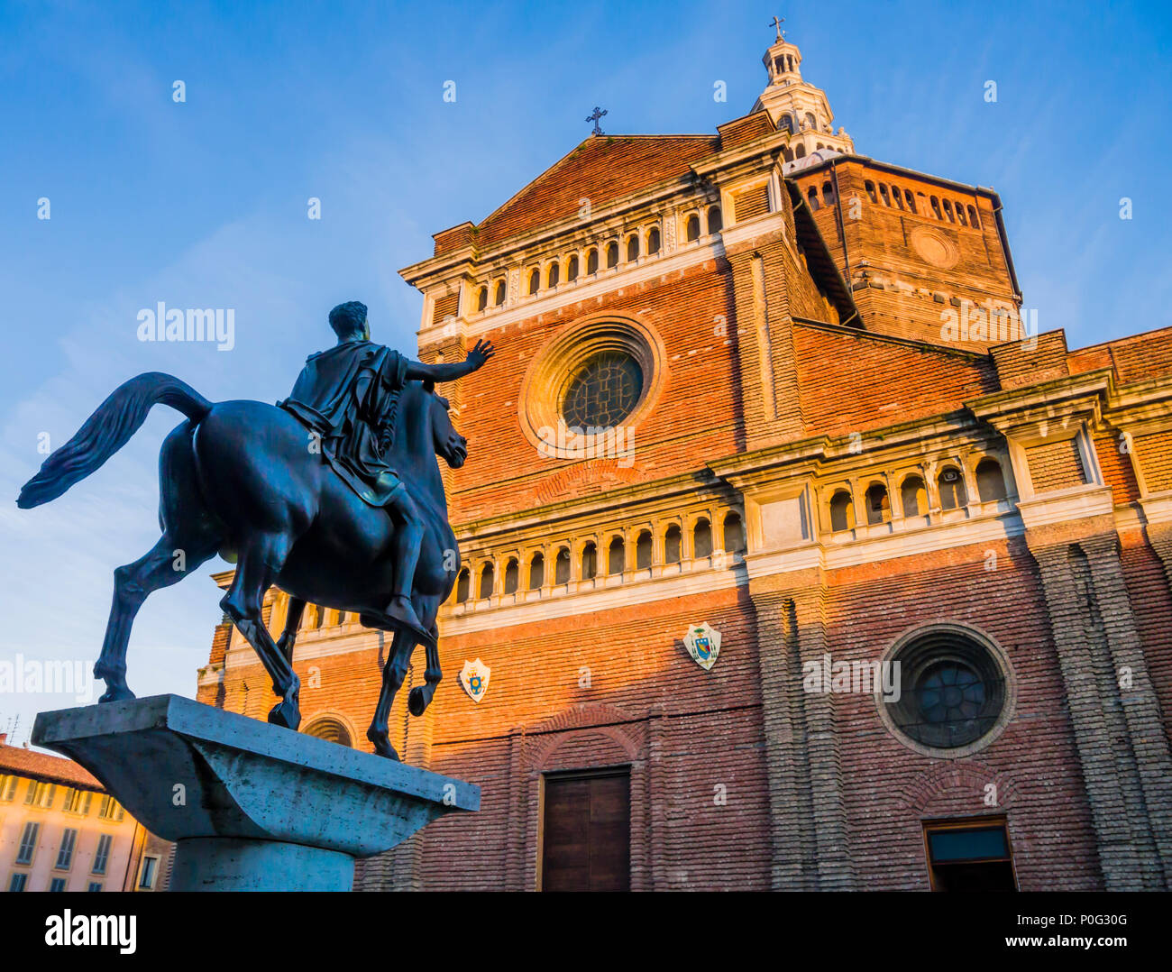 Close-up of Regisole equestrian monument in front of the Cathedral of Pavia, Lombardy, Italy Stock Photo
