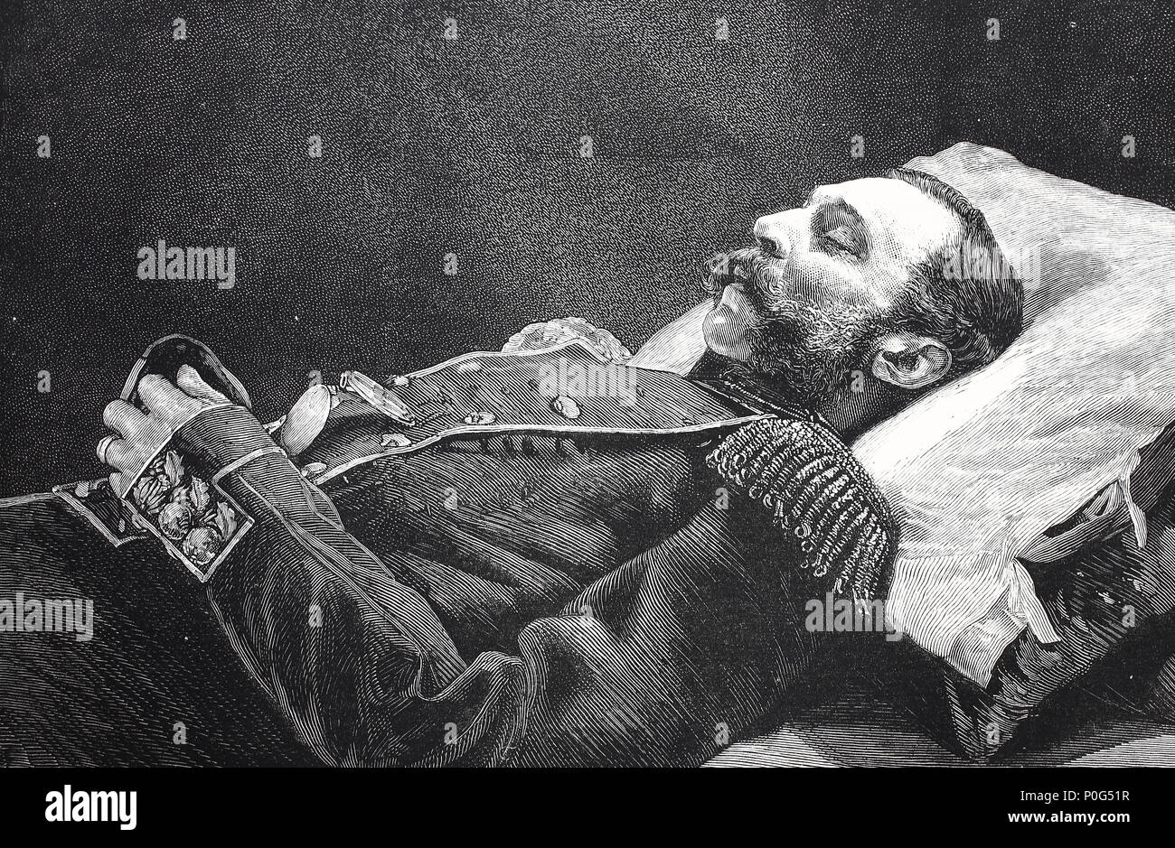 the late Alexander II, soon after death, Alexander II was the Emperor of Russia from the 2nd March 1855 until his assassination on 13 March 1881. He was also the King of Poland and the Grand Duke of Finland, digital improved reproduction of an original print from the year 1881 Stock Photo