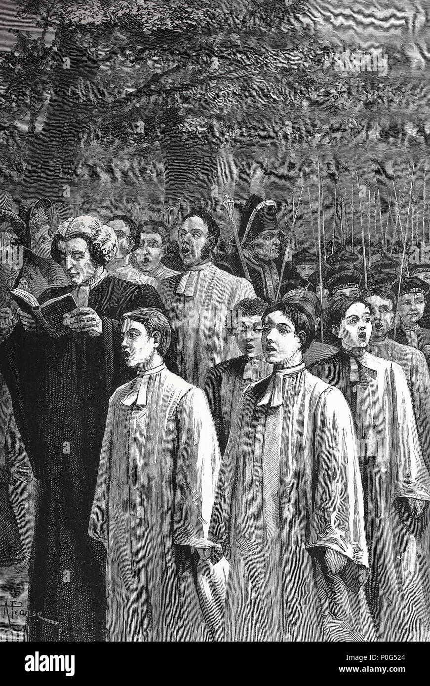 Rogation day in the olden times, beating the bounds, Rogation days are days of prayer and fasting in Western Christianity. They are observed with processions and the Litany of the Saints, digital improved reproduction of an original print from the year 1881 Stock Photo