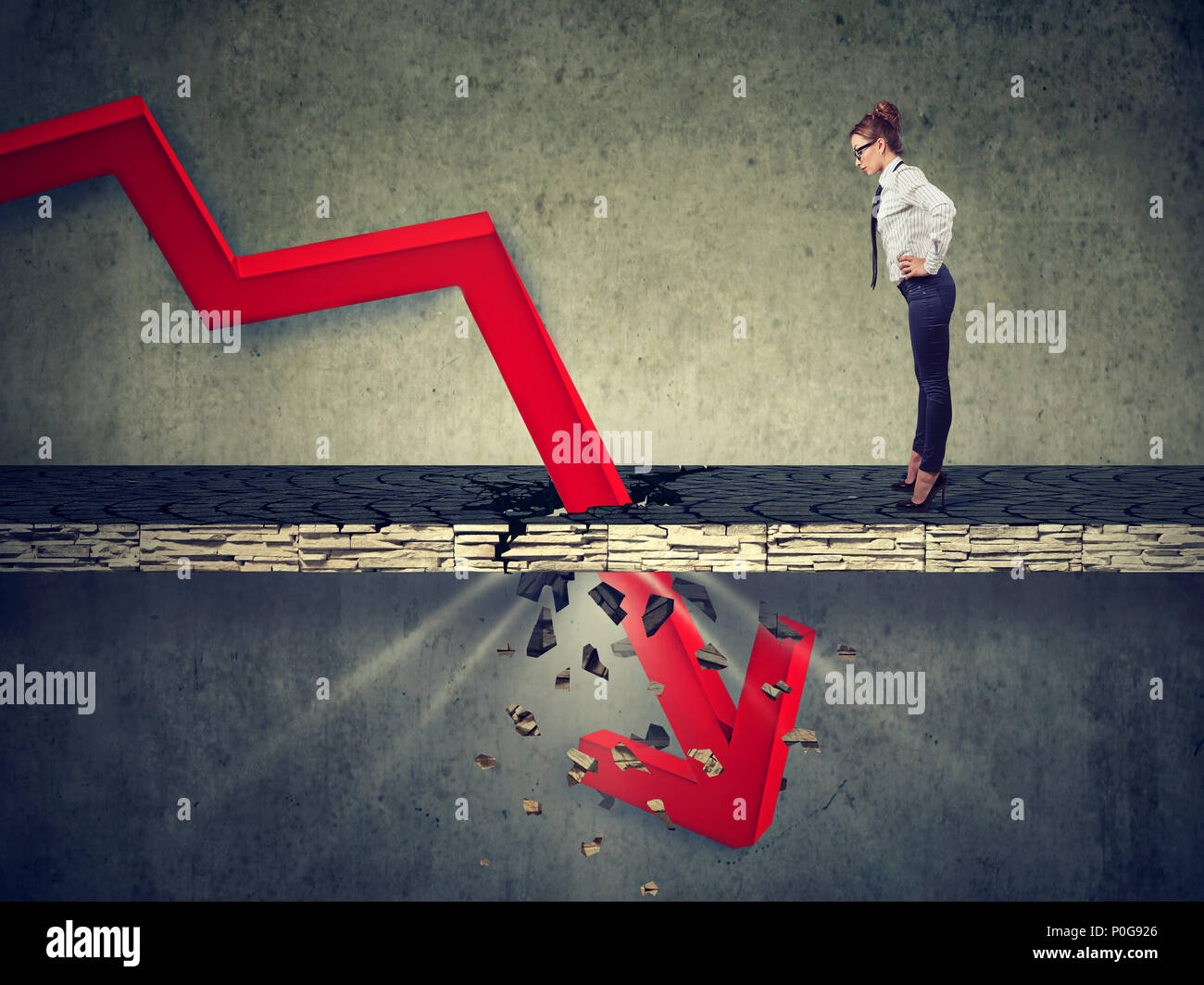 Curious worried business woman looking down at the falling red arrow ...