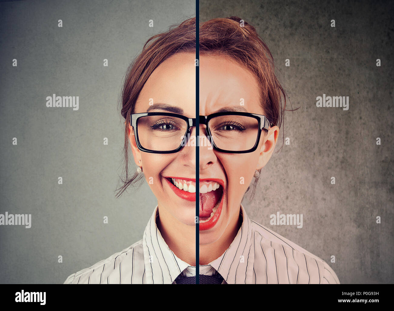 Bipolar disorder concept. Young woman with double face expression isolated on gray background Stock Photo