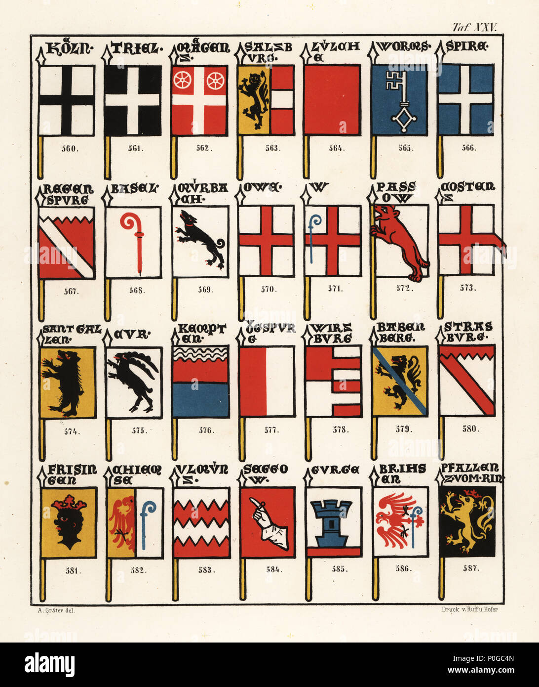 Swiss flags of bishoprics, c. 1340. Chromolithograph by A. Graeter from Die  Wappenrolle von Zurich, The Zurich Armorial, Antiquarische Gesellschaft in  Zurich, 1860. Reprint of a 14th century manuscript roll of arms