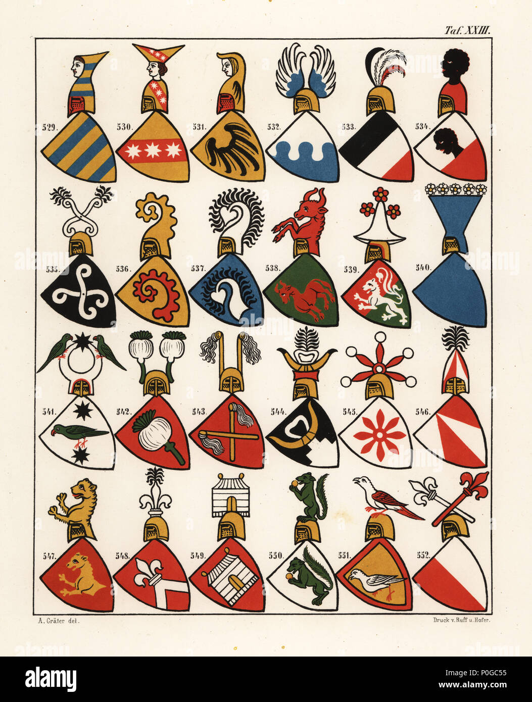 Swiss coats of arms, c. 1340. Chromolithograph by A. Graeter from Die Wappenrolle von Zurich, The Zurich Armorial, Antiquarische Gesellschaft in Zurich, 1860. Reprint of a 14th century manuscript roll of arms showing the heraldry of the Holy Roman Empire with 559 coats of arms and 28 flags of bishoprics in Switzerland. Stock Photo
