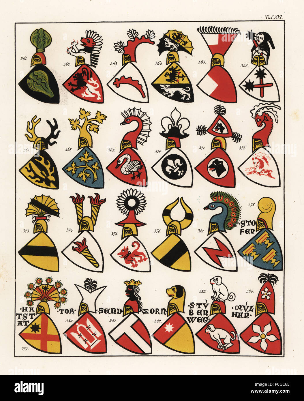 Swiss coats of arms, c. 1340. Chromolithograph by A. Graeter from Die Wappenrolle von Zurich, The Zurich Armorial, Antiquarische Gesellschaft in Zurich, 1860. Reprint of a 14th century manuscript roll of arms showing the heraldry of the Holy Roman Empire with 559 coats of arms and 28 flags of bishoprics in Switzerland. Stock Photo