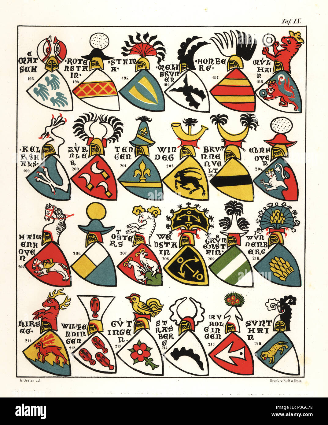 Swiss coats of arms, c. 1340. Chromolithograph by A. Graeter from Die Wappenrolle von Zurich, The Zurich Armorial, Antiquarische Gesellschaft in Zurich, 1860. Reprint of a 14th century manuscript roll of arms showing the heraldry of the Holy Roman Empire with 559 coats of arms and 28 flags of bishoprics in Switzerland. Stock Photo