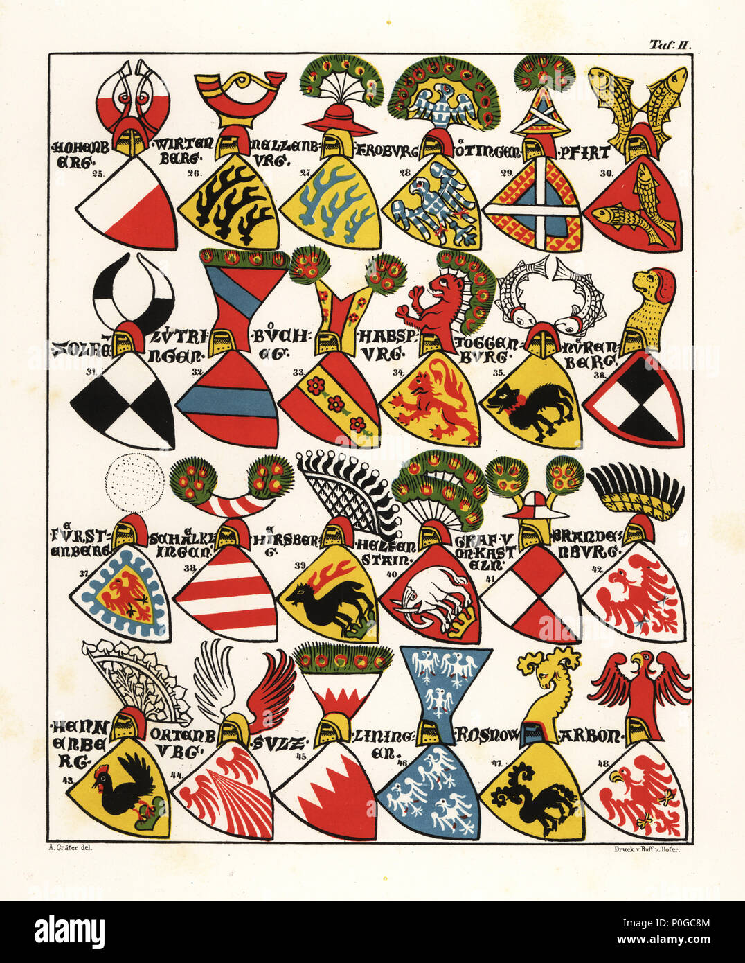 Swiss coats of arms, c. 1340. Chromolithograph by A. Graeter from Die Wappenrolle von Zurich, The Zurich Armorial, Antiquarische Gesellschaft in Zurich, 1860. Reprint of a 14th century manuscript roll of arms showing the heraldry of the Holy Roman Empire with 559 coats of arms and 28 flags of bishoprics in Switzerland. Stock Photo