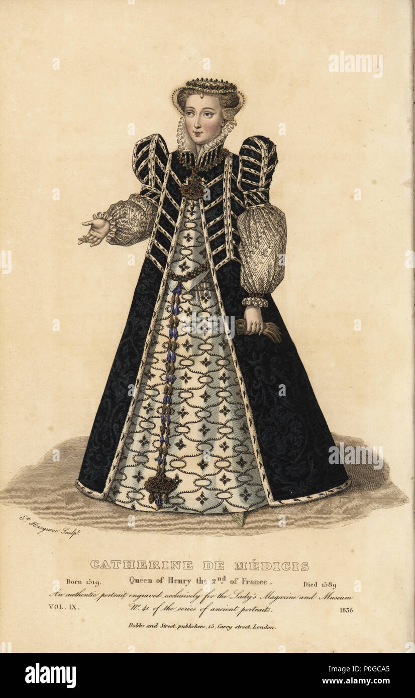 Catherine de Medicis, queen of Henry II of France, 1519-1589. Handcoloured copperplate engraving by Edward Hargrave from The Lady's Magazine and Museum of the Belles Lettres, Fine Arts, Drama, Fashions, etc., Vol. IX, Dobbs, London, 1836. Stock Photo
