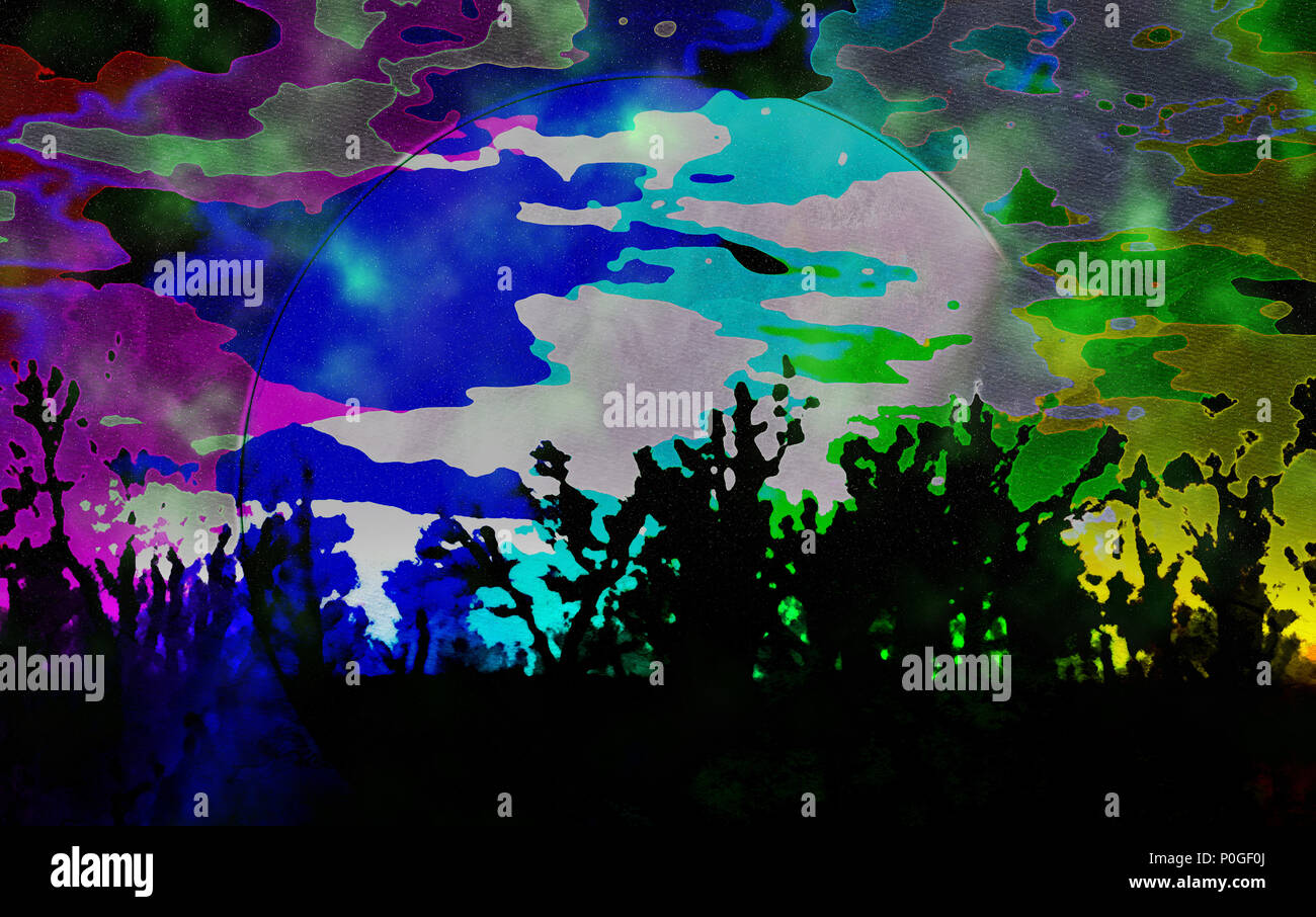 Generalization abstraction of heavens and forests. Clouds, huge disk of ...
