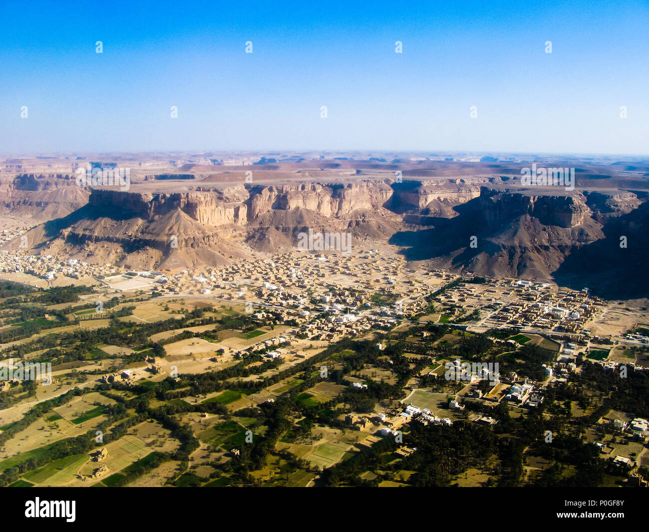 Aerial view to Shibam city and wadi Hadhramaut in Yemen Stock Photo