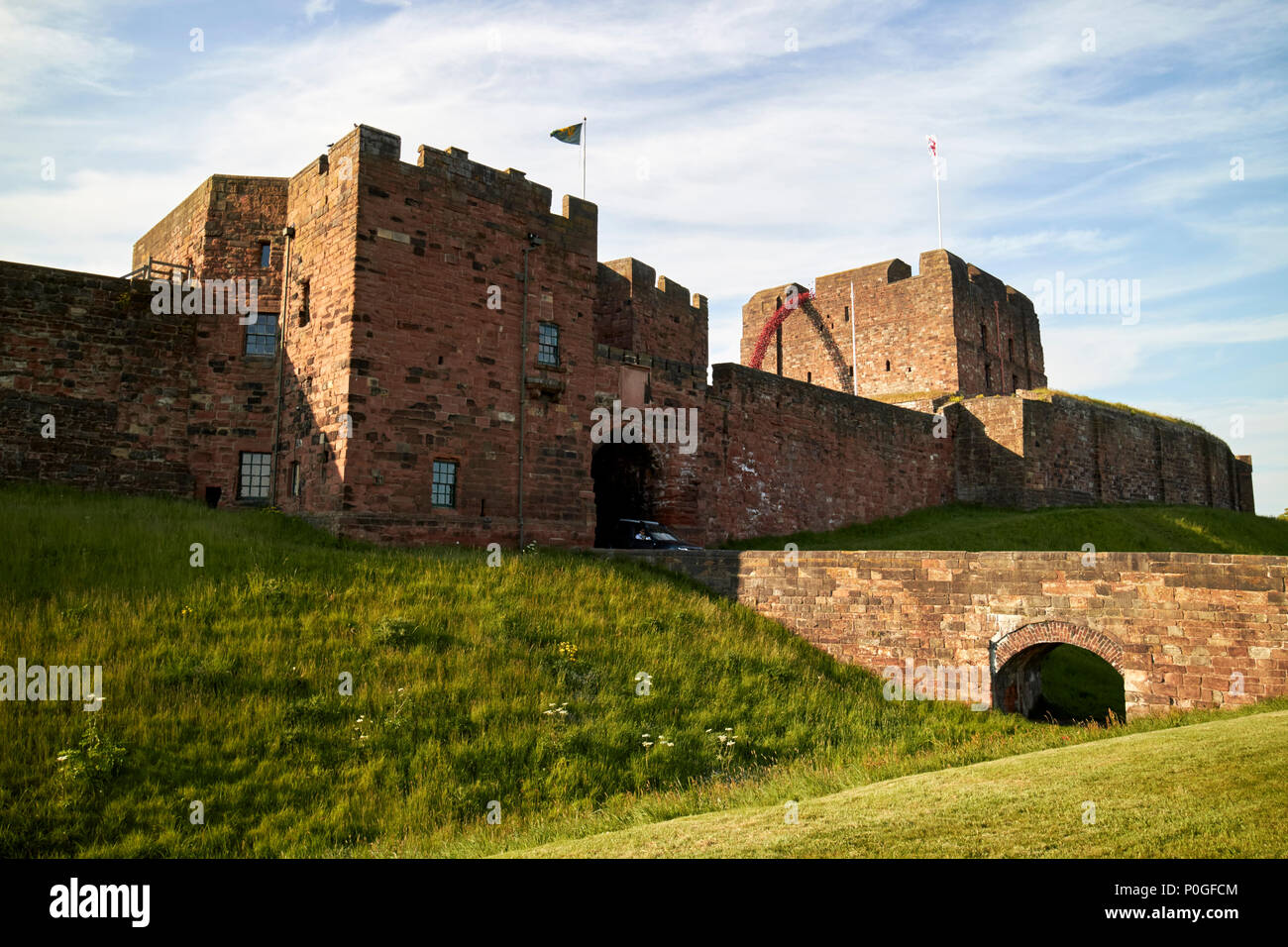 moat bridge moat de irebys tower and keep Carlisle castle Carlisle Cumbria England UK Stock Photo