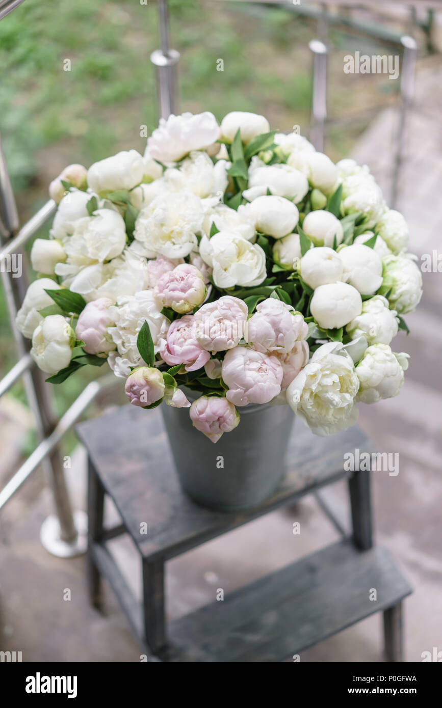 Beautiful bouquet of white and pink peonies . Floral composition ...