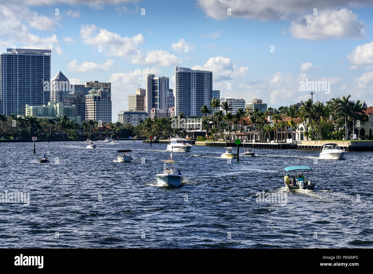 Ft. Lauderdale, Florida - February 18, 2018:  Business and pleasure boats going up and down the intracoastal waterway in Ft. Lauderdale. Stock Photo