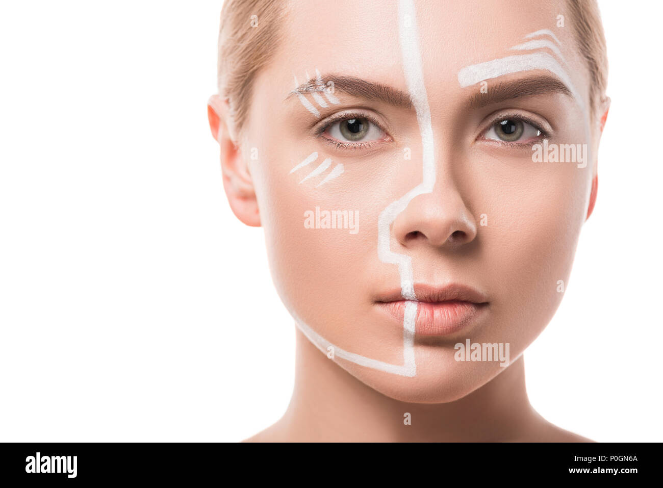 headshot of beautiful woman with white lines on face looking at camera
