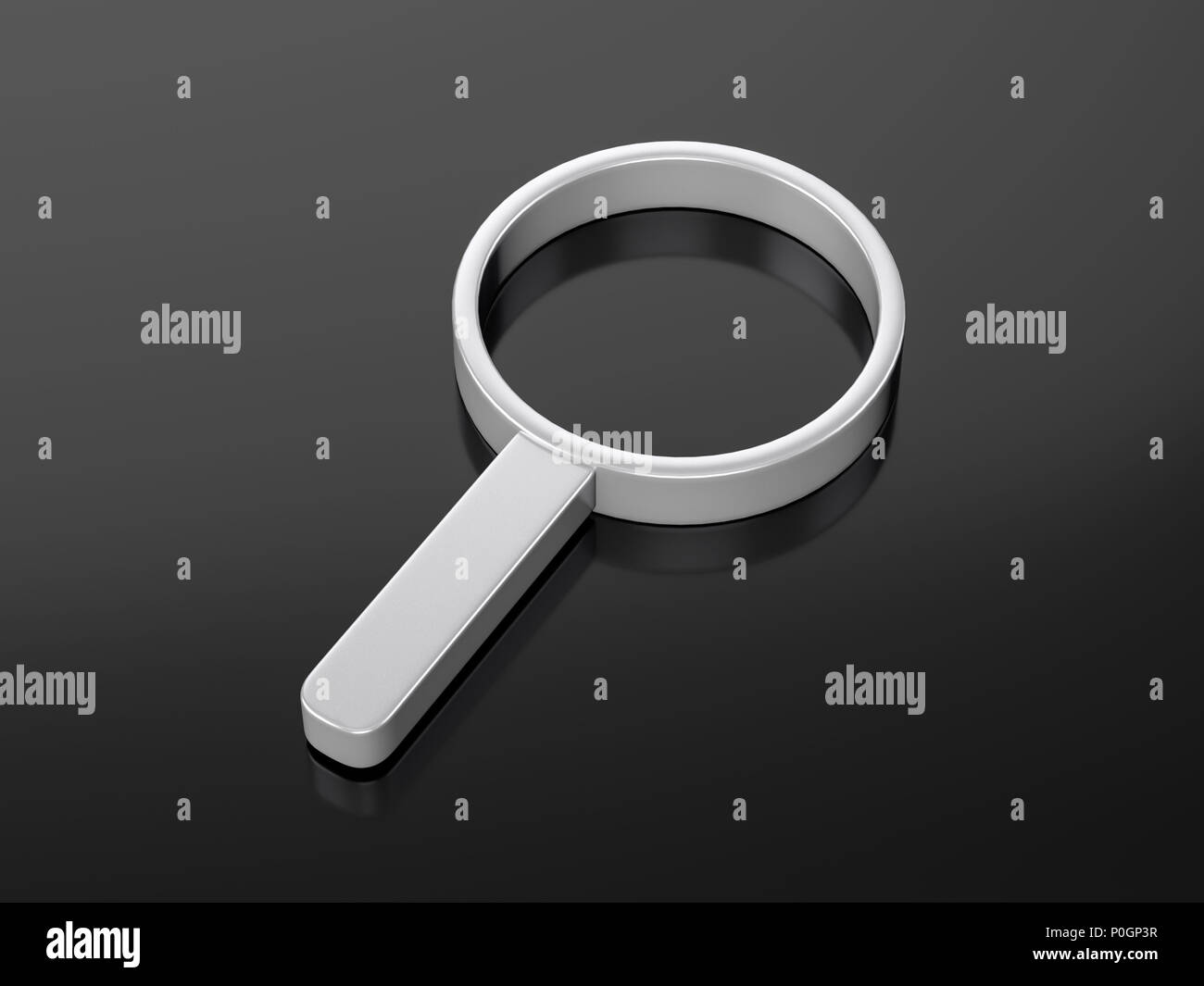 Metallic magnifier symbol on a black background. 3d illustration Stock