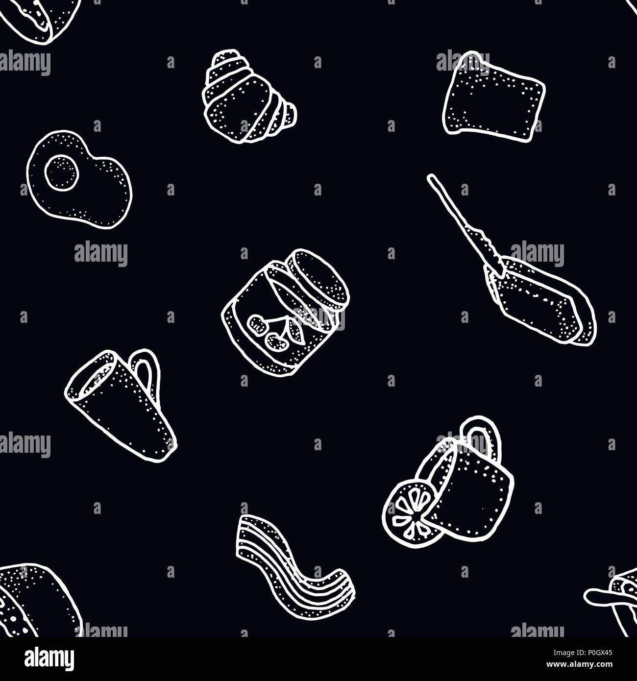 Seabless vector pattern with breakfast on black background. Tea, coffee, lemon, butter, bread, croisson, becon, oat, egg Stock Vector