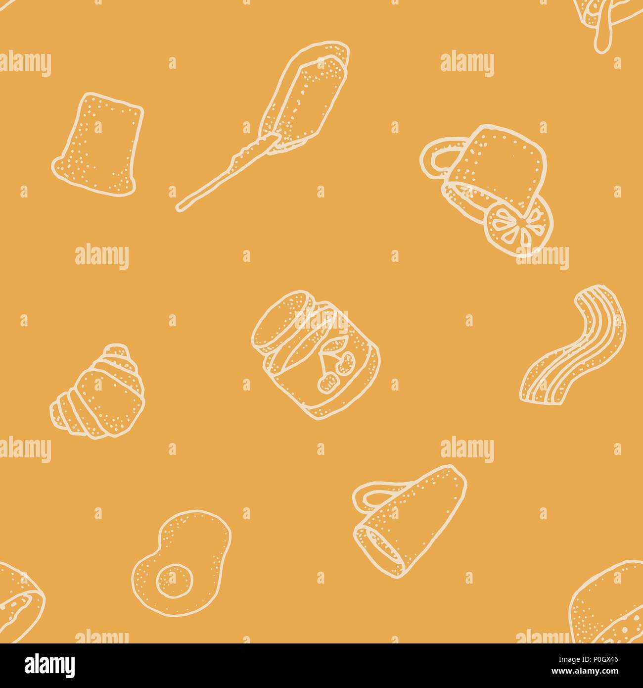 Seabless vector pattern with breakfast on orange background. Tea, coffee, lemon, butter, bread, croisson, becon, oat, egg Stock Vector