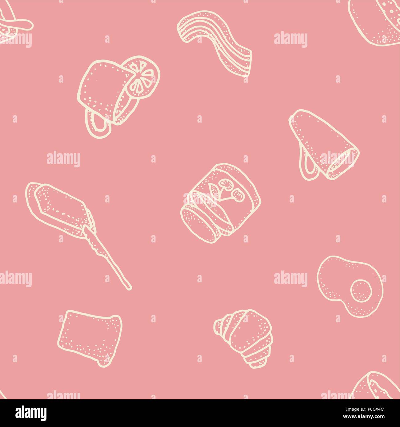 Seabless vector pattern with breakfast on pink background. Tea, coffee, lemon, butter, bread, croisson, becon, oat, egg Stock Vector