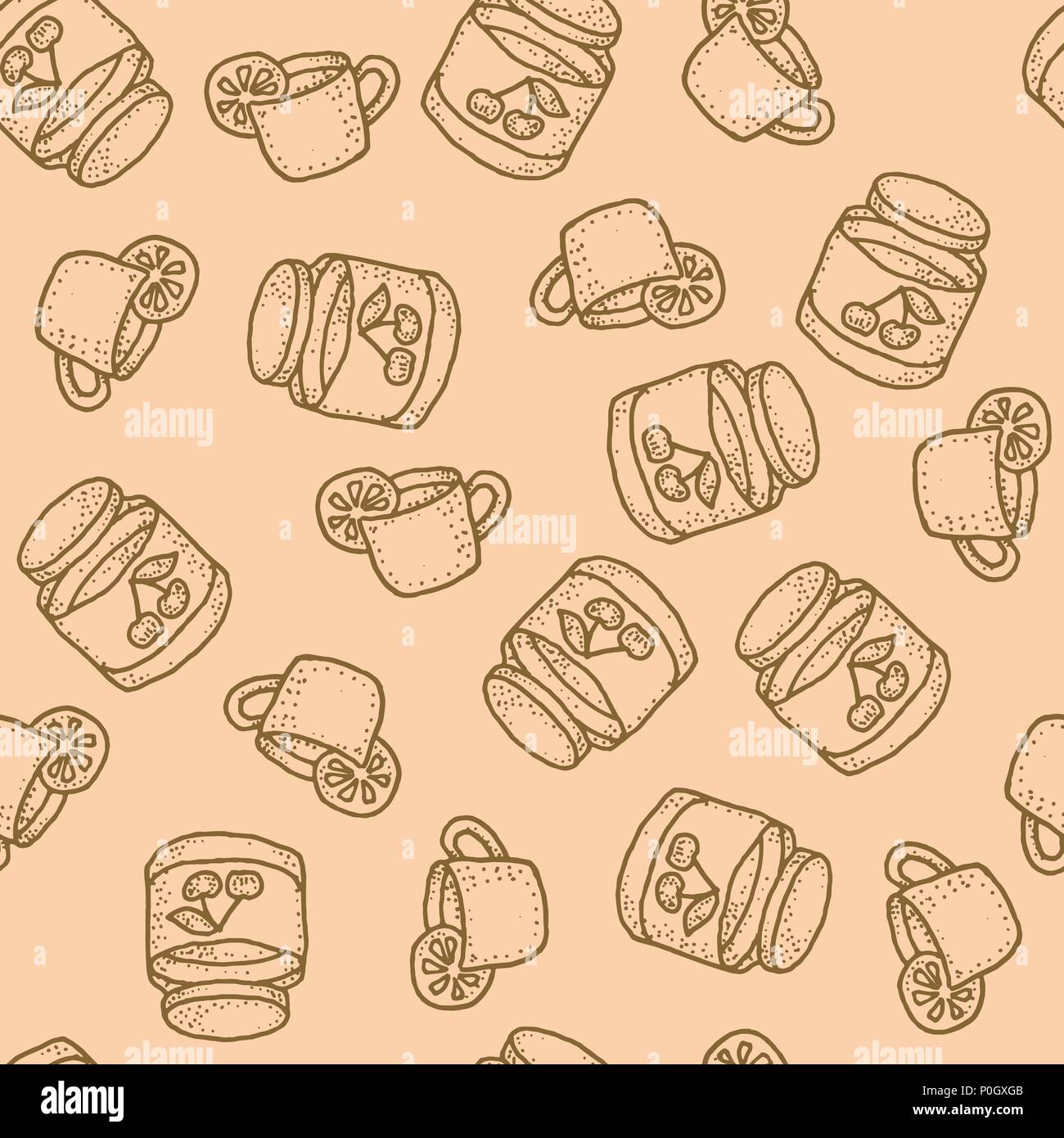 Seamless vector pattern with tea with lemon and cherry jam in beige Stock Vector