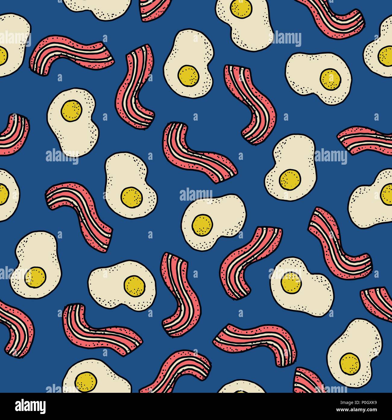 Seamless vector pattern with breakfast. Eggs and bacon on deep blue Stock Vector