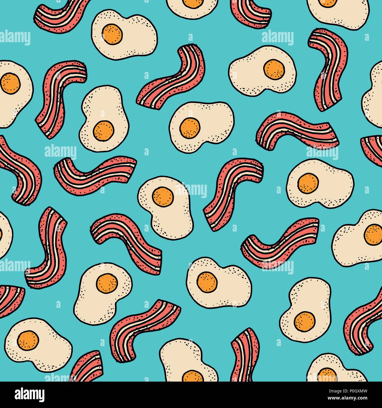 Seamless vector pattern with breakfast. Eggs and bacon on turquoise Stock Vector