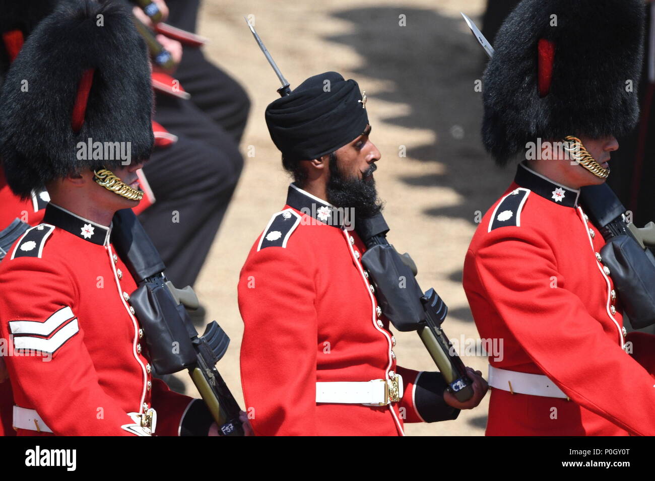 Jatinderpal Singh Bhullar (centre) of the 1st Battalion Coldstream Guards during the Trooping