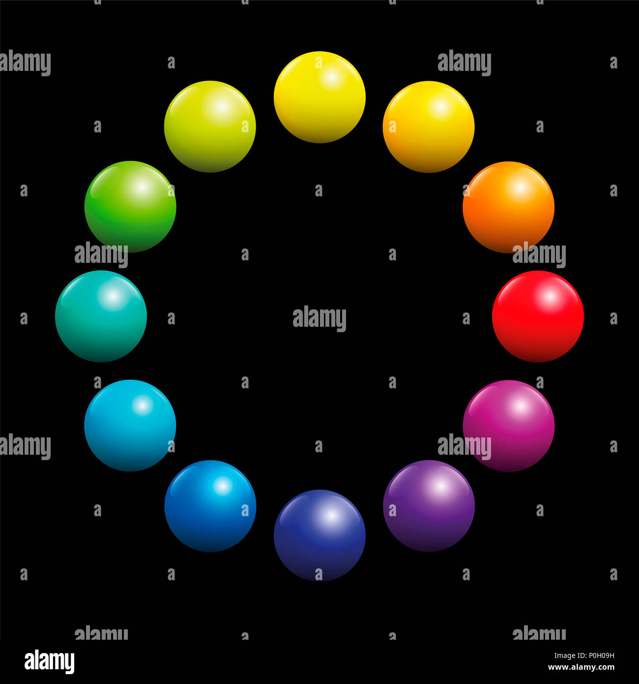 Color spectrum circle formed by twelve rainbow colored balls