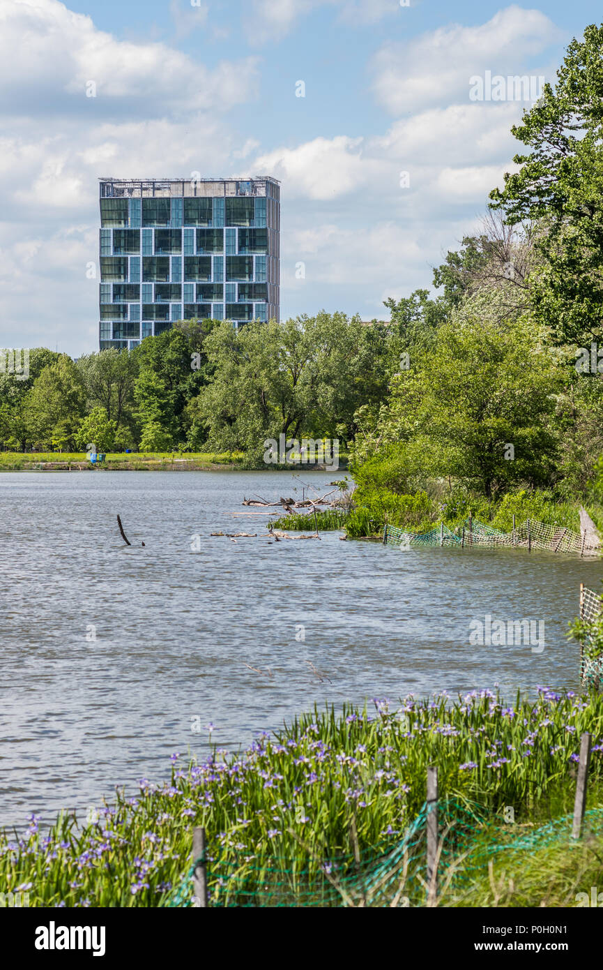 Jackson Park Lagoon with apartment building Stock Photo