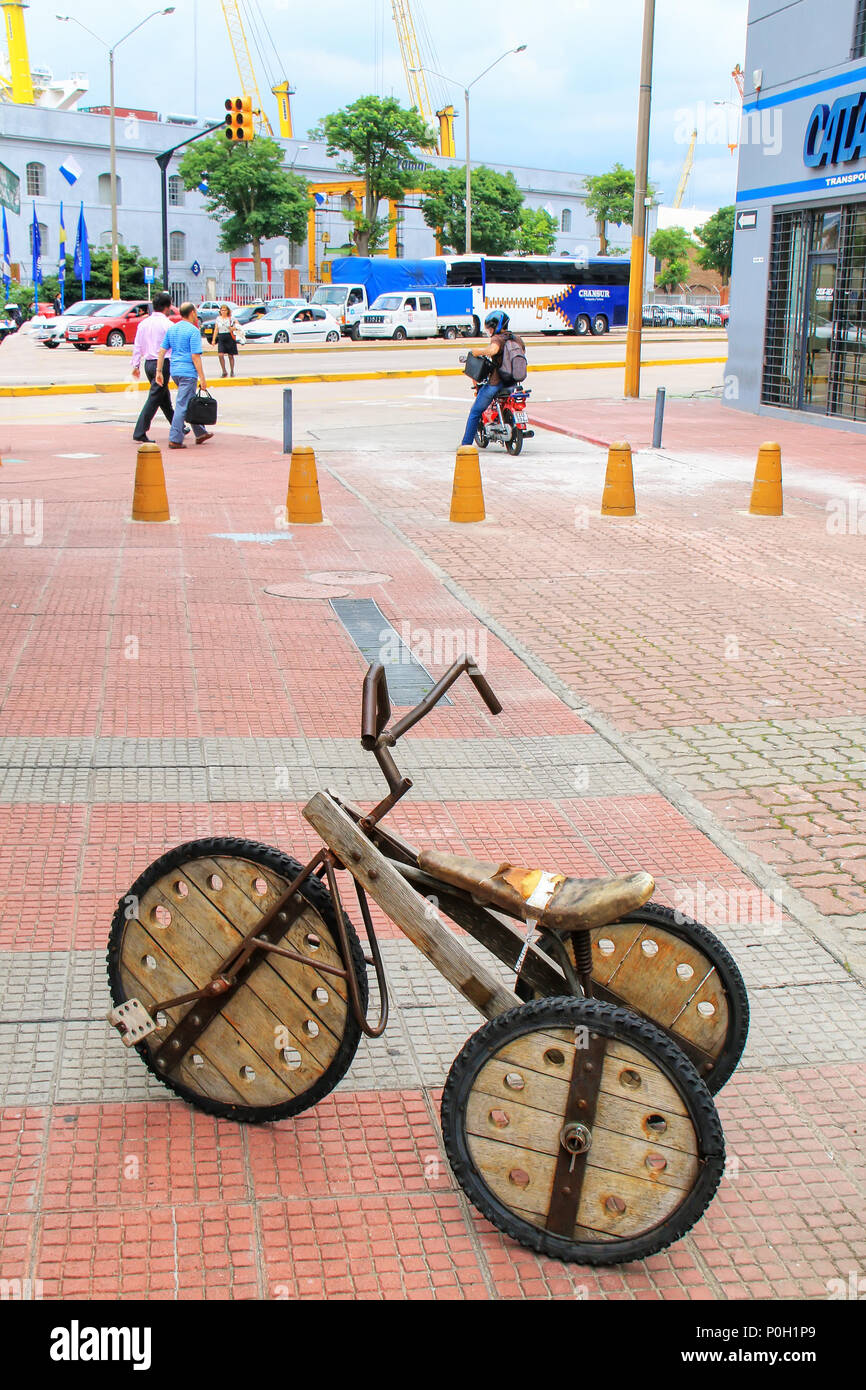 Wooden bicycle in the street in Ciudad Vieja (old town), Montevideo, Uruguay. Montevideo is the capital and largest city of Uruguay. Stock Photo