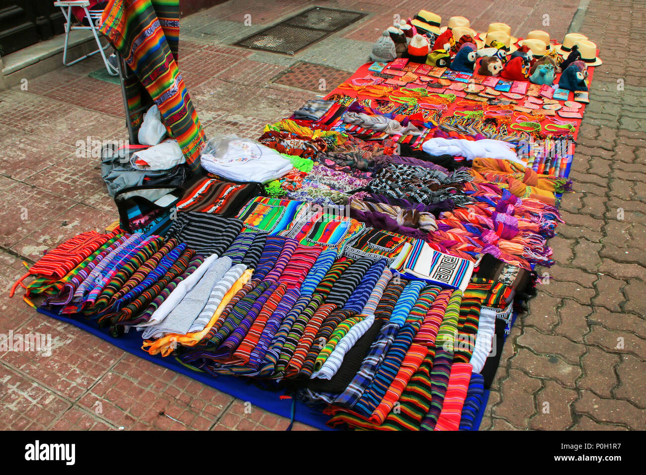 Display of traditional textile at the street market in Montevideo, Uruguay. Montevideo is the capital and largest city of Uruguay. Stock Photo