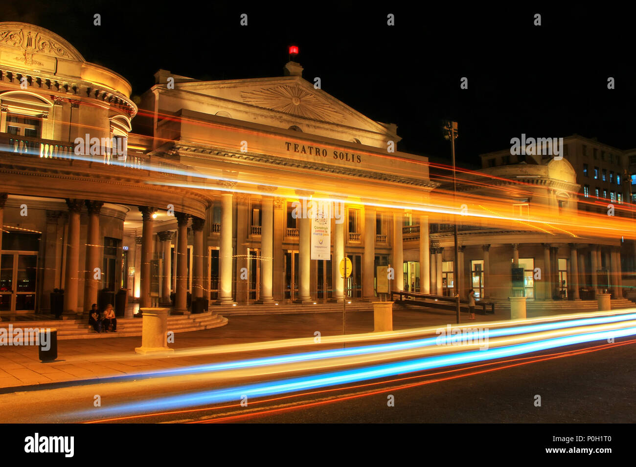 Solis Theater at night with traffic lights in Montevideo old town, Uruguay. It was opened in 1856. Stock Photo