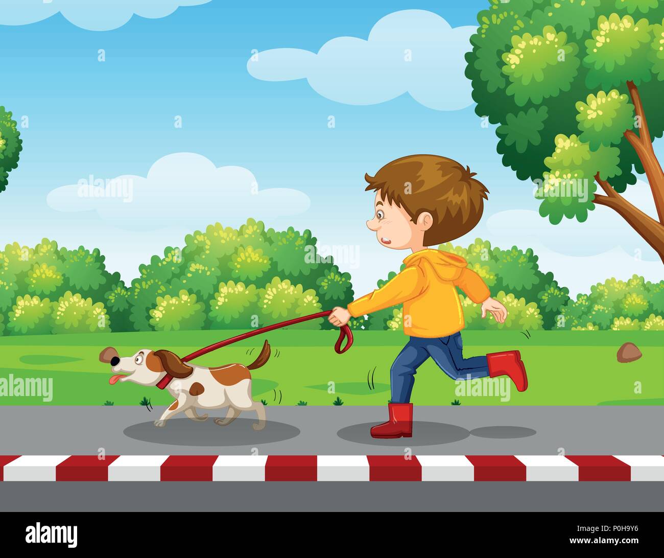 young boy walking a dog illustration Stock Vector