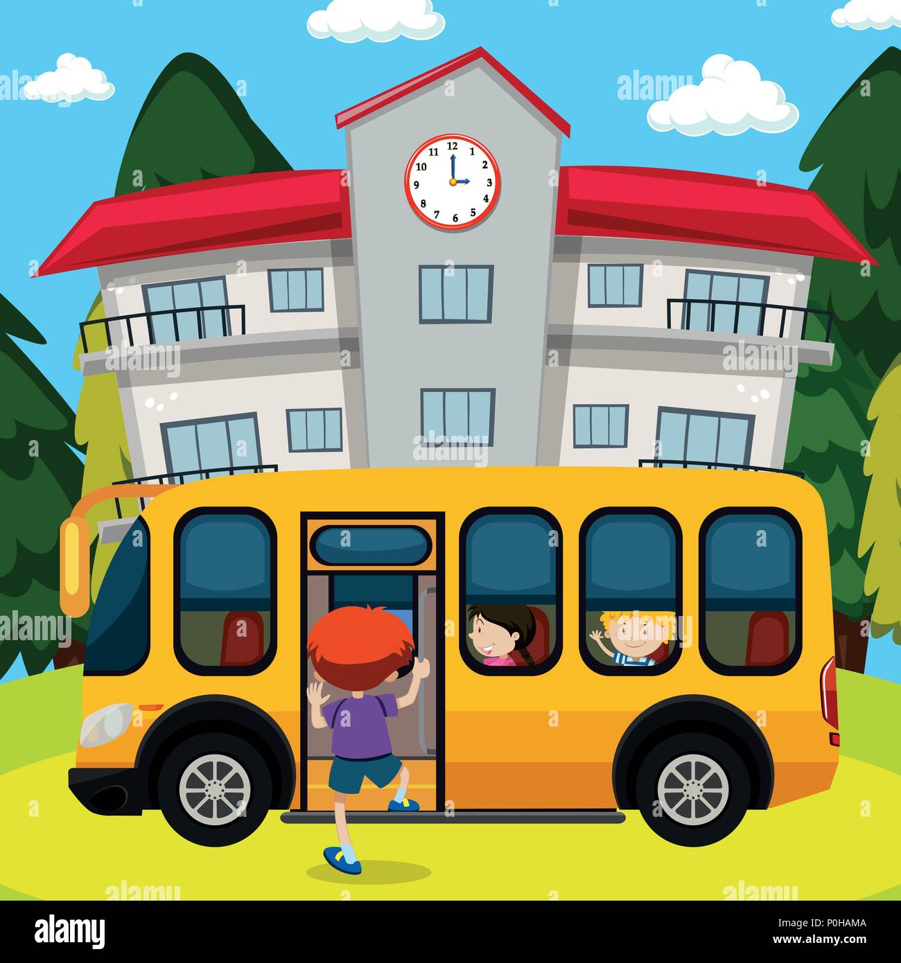 School bus in front of school illustration Stock Vector Image & Art - Alamy