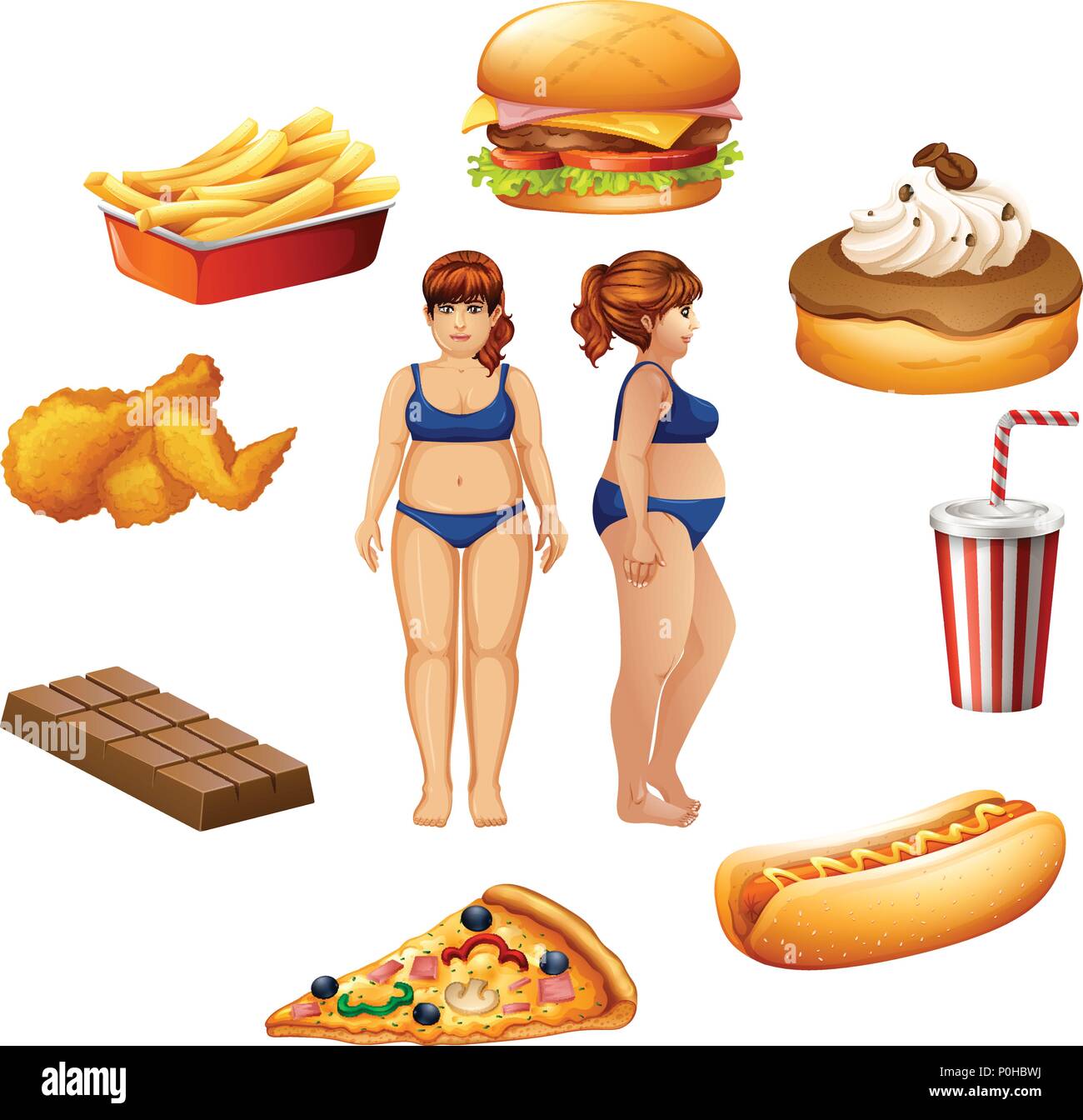 Overweight women with unhealthy food illustration Stock Vector