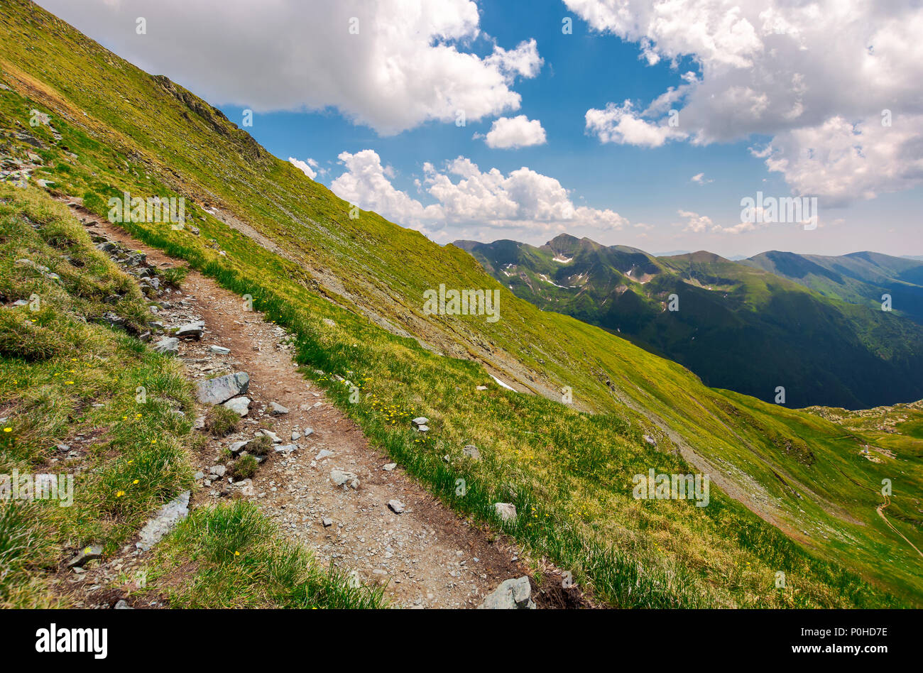 tourist path through grassy slope of Fagaras mount. beautiful summer landscape under the cloudy sky Stock Photo
