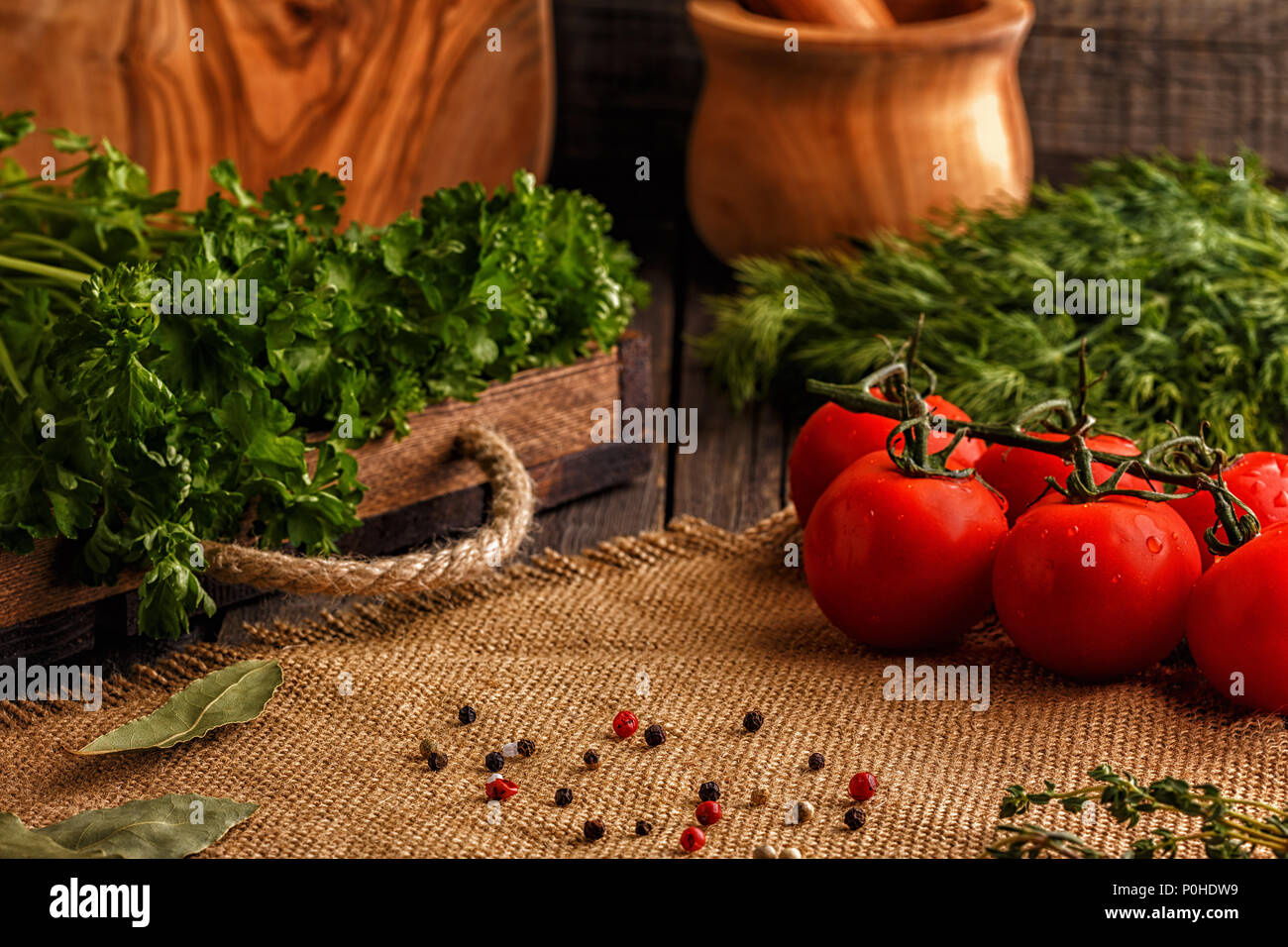 Vegetables, herbs, spices background. Selective focus. Concept of vegetarian, healthy food. Stock Photo